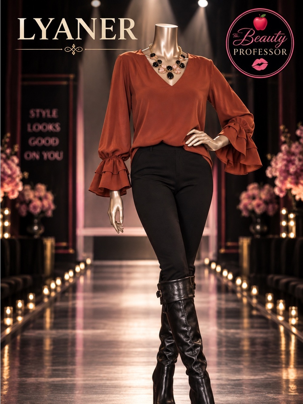 LYANER Rust V Neck Blouse Ruffle Bell Sleeve Flowy Boho Women's Top XL Fall